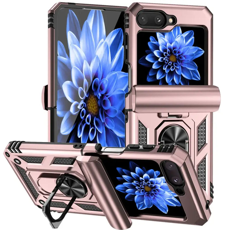 Rose gold Zou Yuan Yuan protective case with blue flower design for foldable smartphones