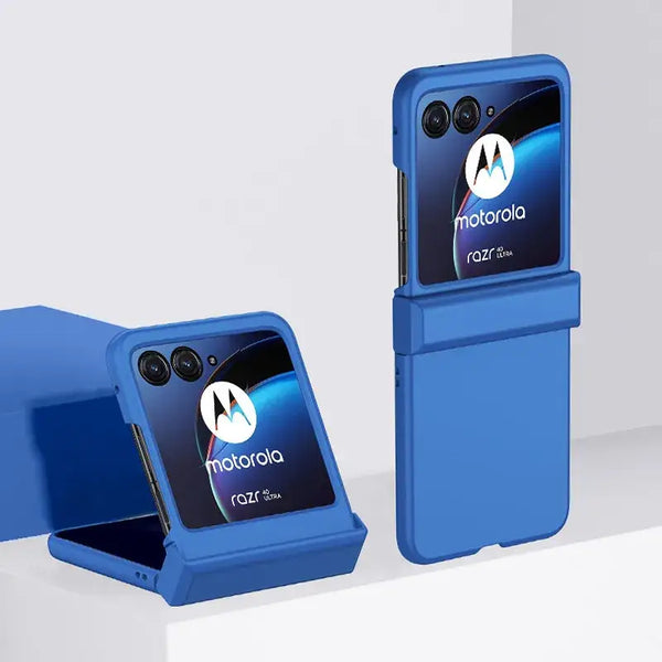 Blue Motorola foldable smartphone with dual rear cameras in Zou Yuan Yuan case