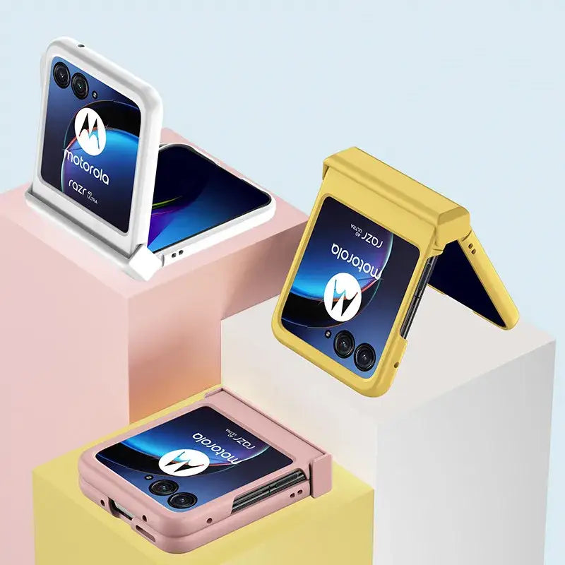 Foldable Motorola smartphones in white, yellow, and pink with Zou Yuan Yuan Half-Wrapped Case