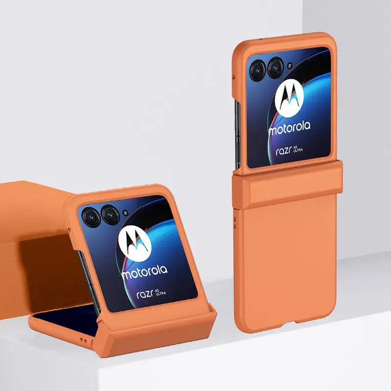 Foldable Motorola smartphone in orange Zou Yuan Yuan case with dual rear cameras