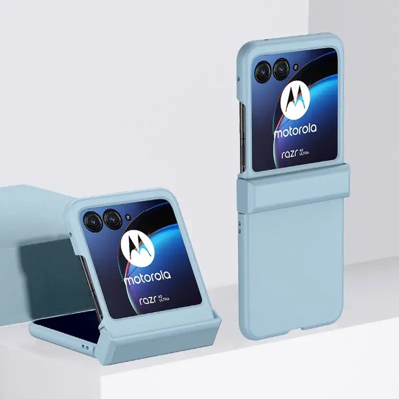 Foldable Motorola smartphone with light blue exterior and dual rear cameras in Zou Yuan Yuan case