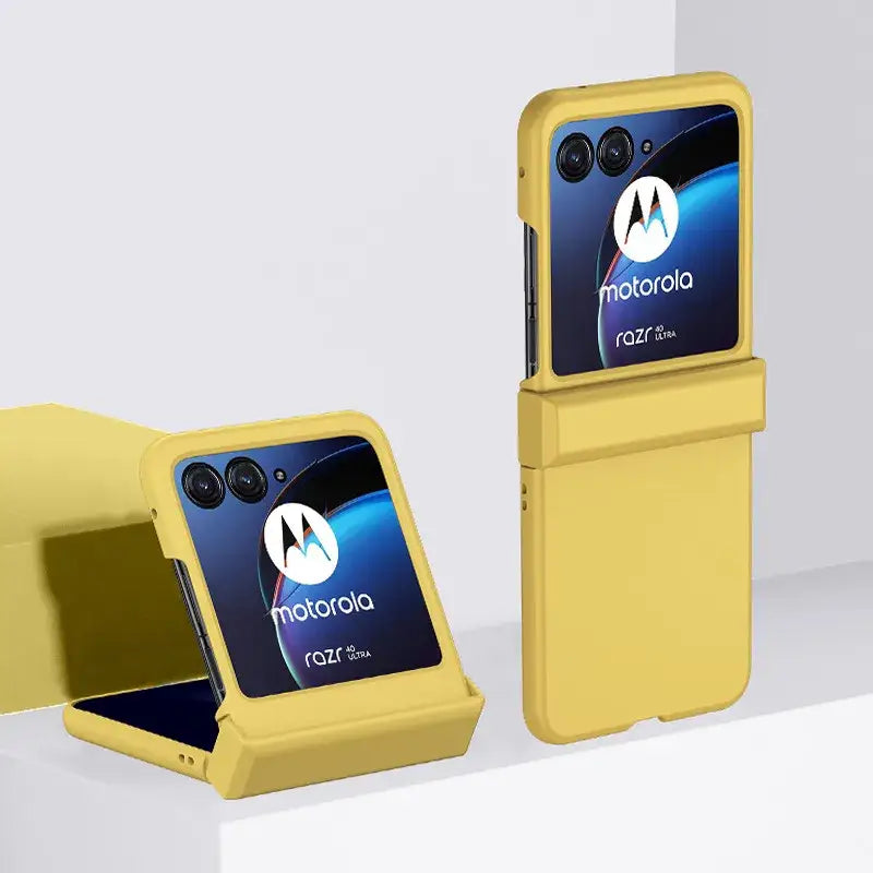 Yellow-cased Motorola smartphone in Zou Yuan Yuan Half-Wrapped Case with foldable design