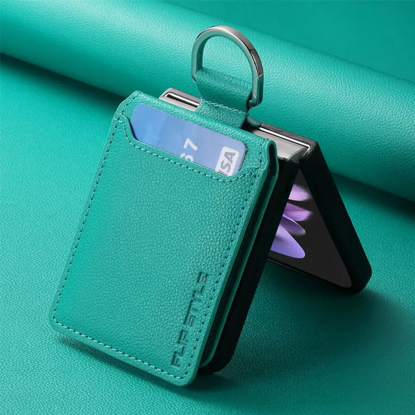 Teal leather card holder with metal ring for Zou Yuan Yuan Plain Wallet Case for Samsung