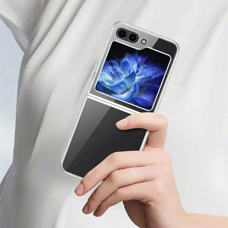 Foldable smartphone with blue flower in Zou Yuan Yuan Transparent Half-Wrapped Case