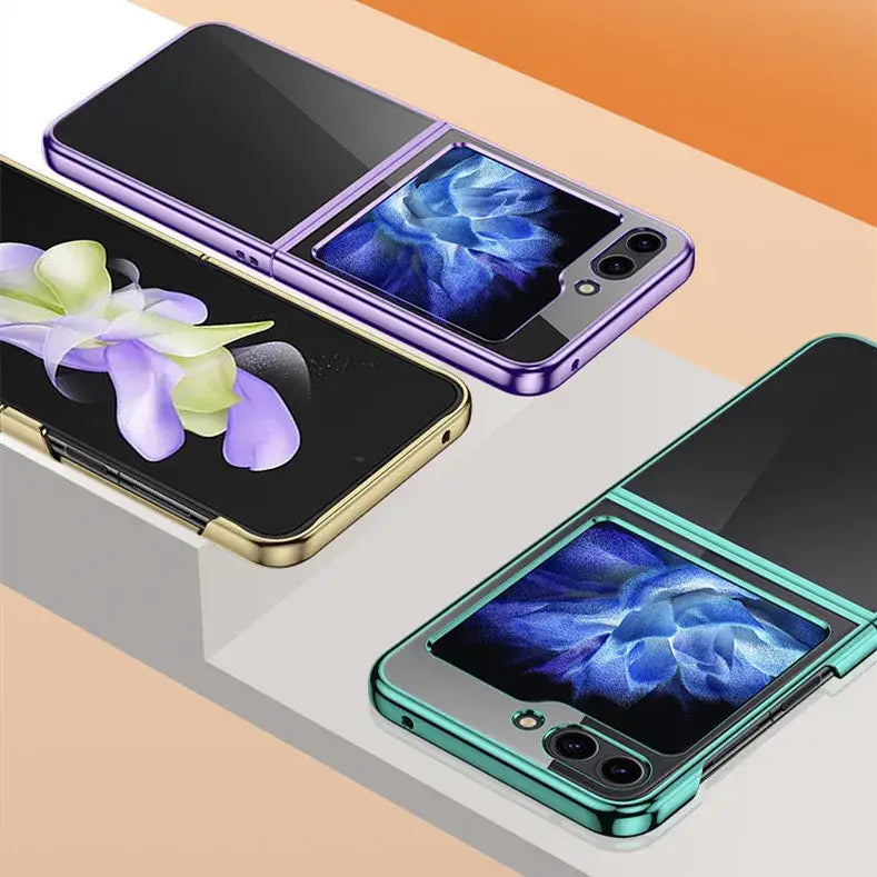 Folding smartphones in Zou Yuan Yuan cases showcasing vibrant floral designs on screens