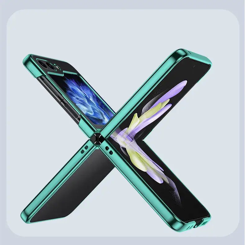 Foldable smartphone in teal frame with dual screens, showcasing Zou Yuan Yuan case for Samsung