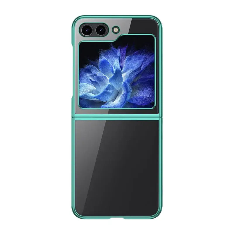 Foldable smartphone with teal frame and dual cameras in Zou Yuan Yuan case