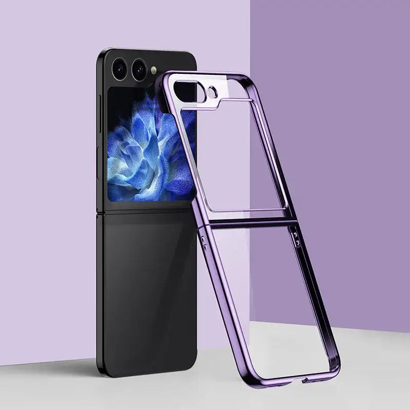 Foldable smartphone in black with Zou Yuan Yuan Transparent Half-Wrapped Case in purple