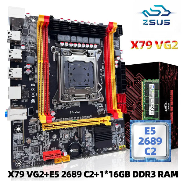 Computer motherboard with colorful RAM slots and CPU socket of ZSUS X79 VG2 set